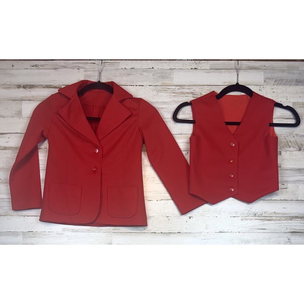 VINTAGE 1970s Girls 2 Piece Red Vest & Blazer Set Approx Size 5 (4-5 Yr)